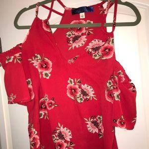 red, floral, off the shoulder shirt